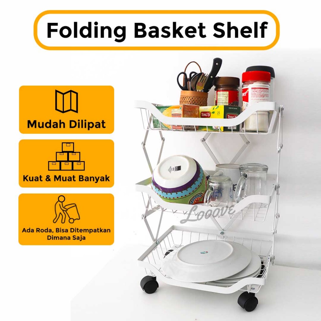 Jual Rak Dapur Lipat Multi Layer Roda Folding Basket Shelf Putih