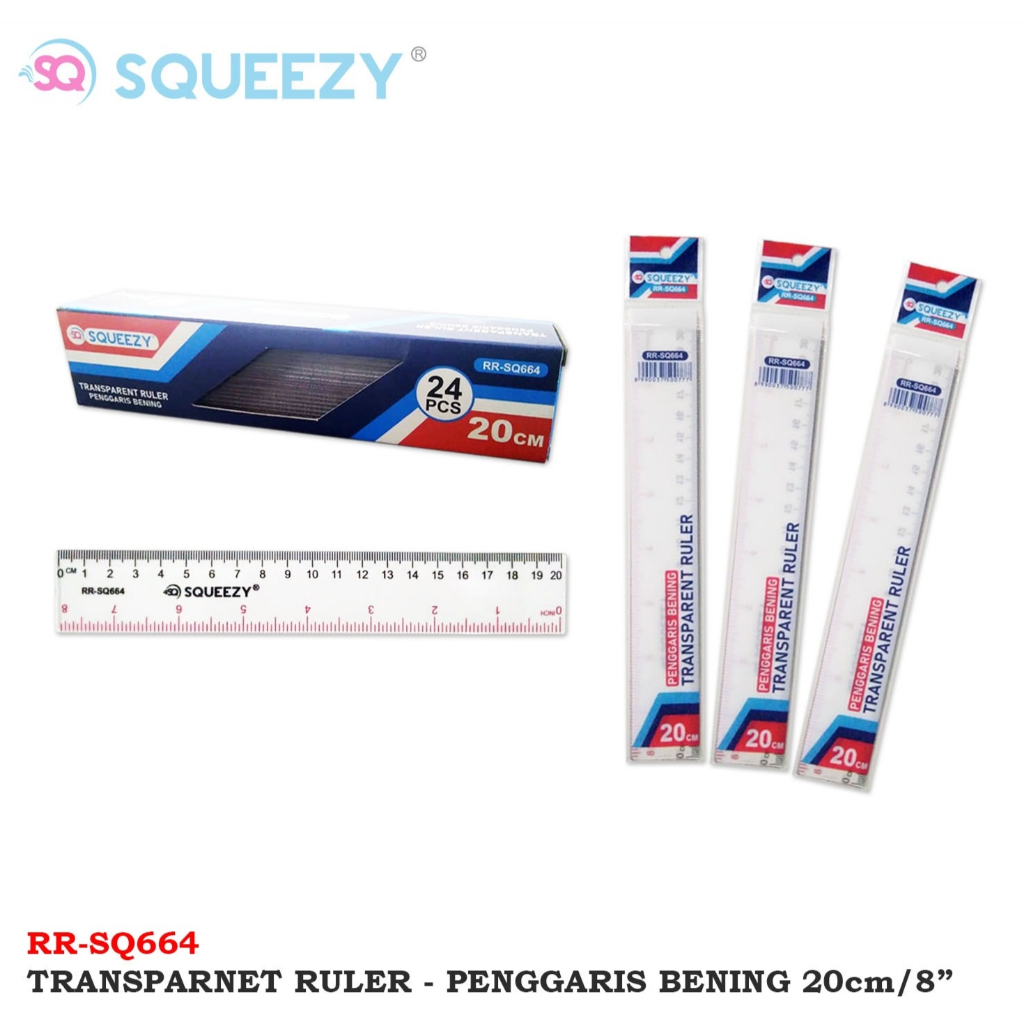 Jual Penggaris Plastik Bening Transparan Ruler 20 Cm Squeezy RR SQ664