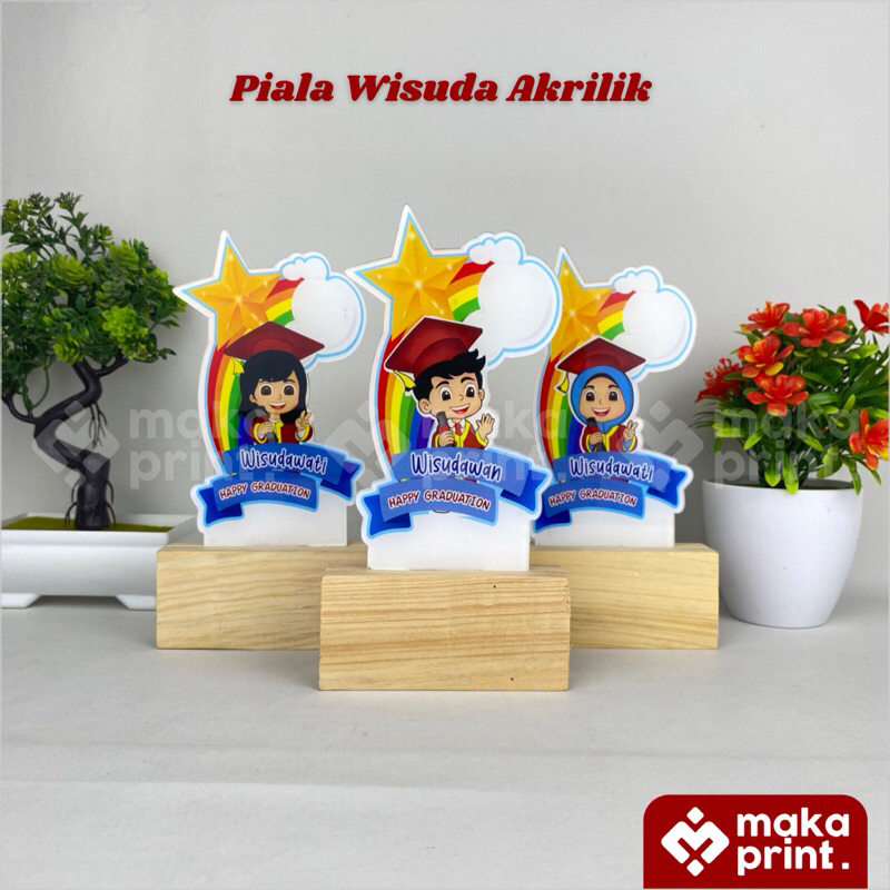 Jual Piala Akrilik Wisuda Pelangi Tatakan Kayu Free Stiker Nama