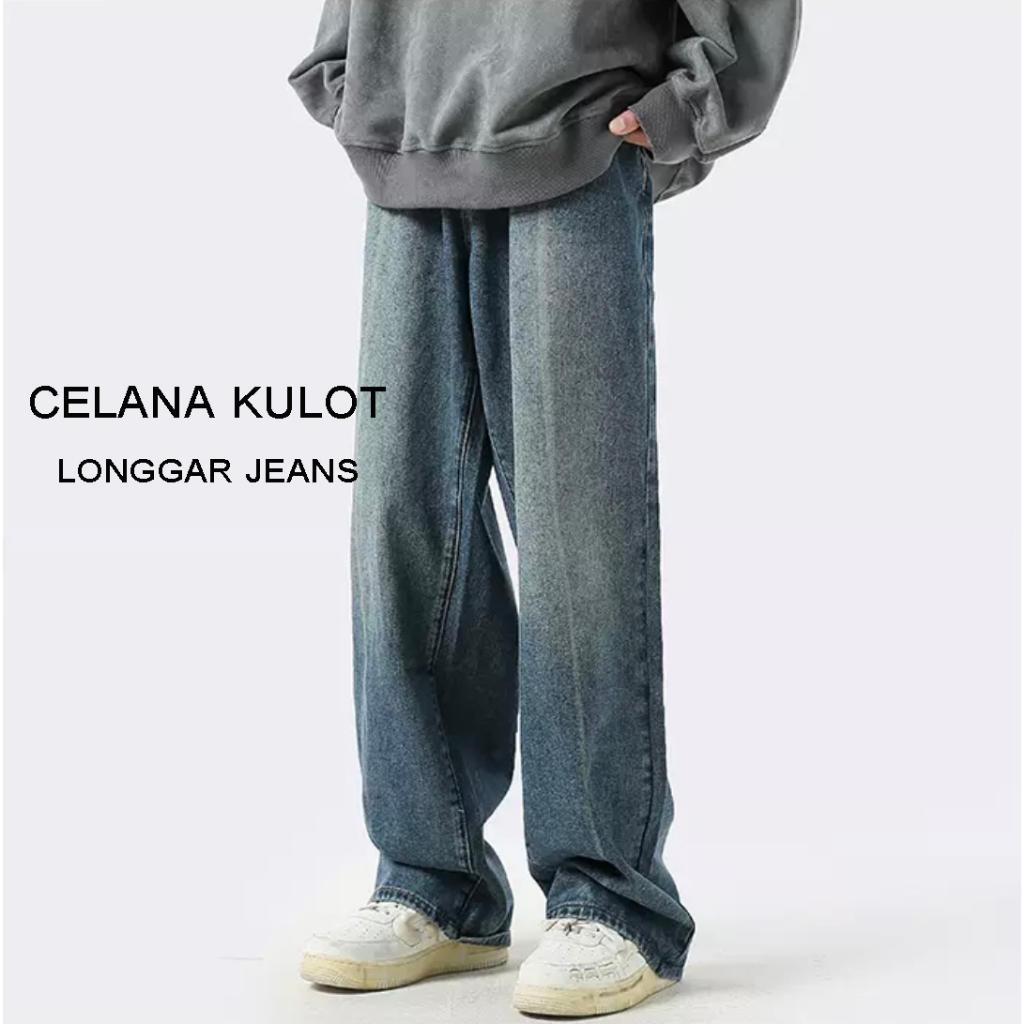 Jual Celana Jeans Panjang Pria Celana Kulot Biru Retro Baggy Wide Leg