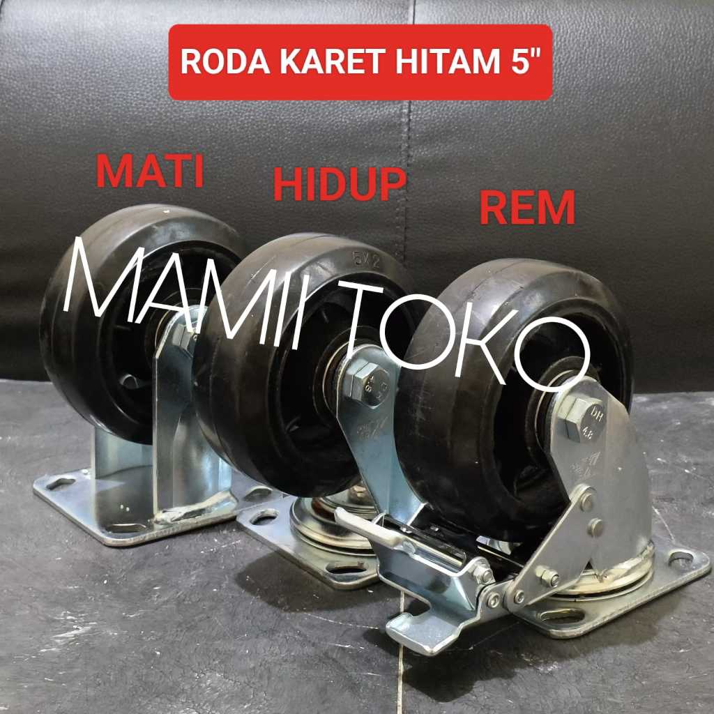 Jual Roda Troli Karet Hitam 5 Inch Heavy Duty Mati Hidup Rem Caster