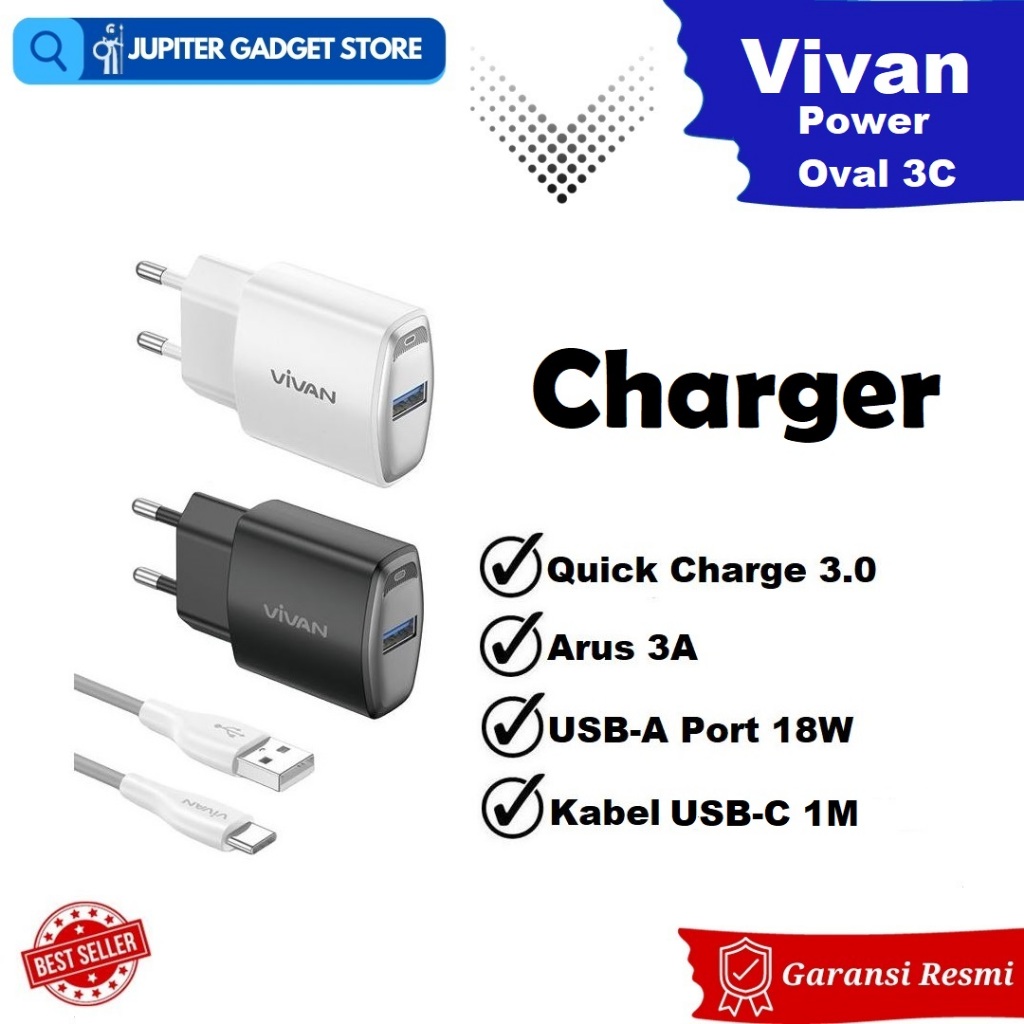 Jual Charger Vivan Power Oval 3C With Kabel USB To Type C 1M 18W