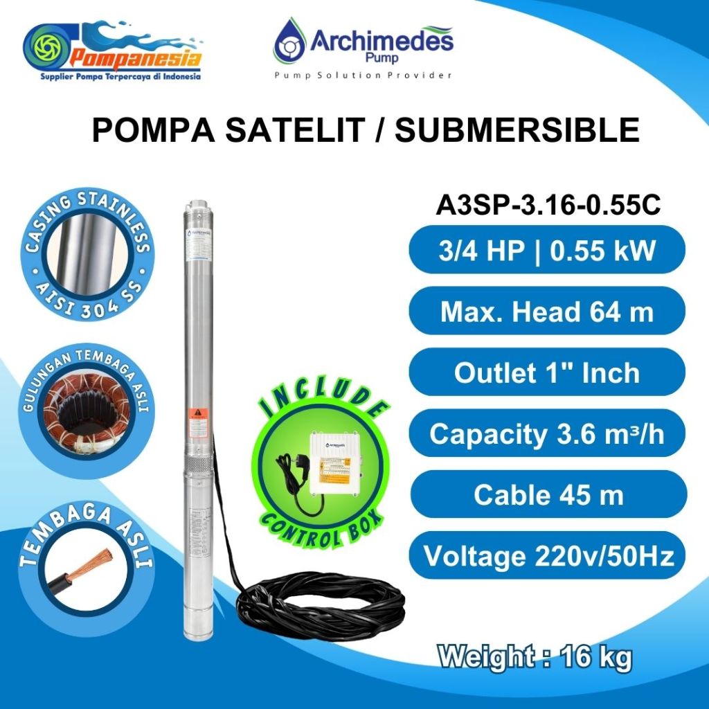 Jual Pompa Submersible Satelit Sibel Casing 3 Inch 3 4 HP Plus Kabel