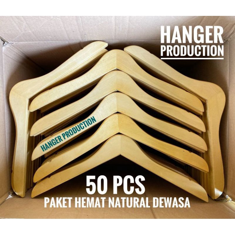 Jual PAKET HEMAT 50 PCS HANGER KAYU DEWASA NATURAL KUALITAS PREMIUM