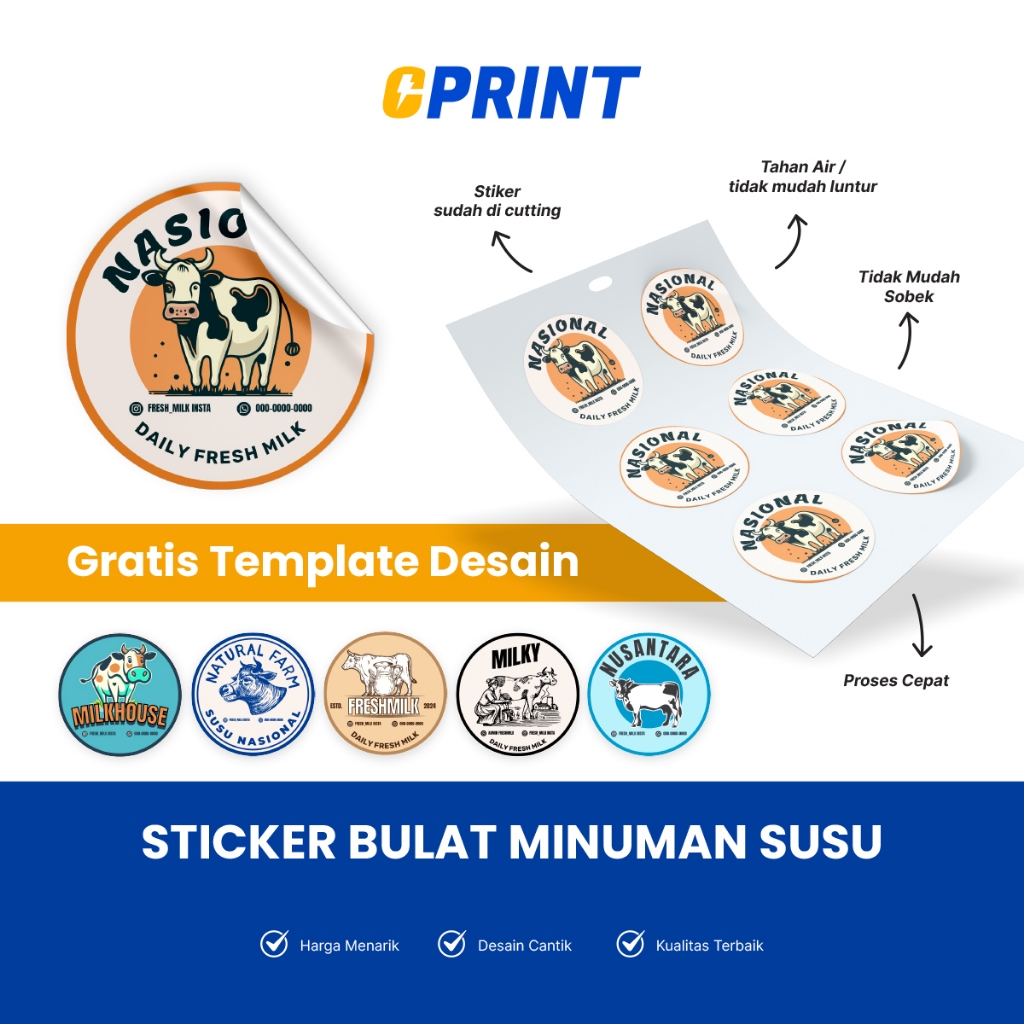 Jual Stiker Vinyl Label Minuman Susu Bulat Anti Air Custom Free