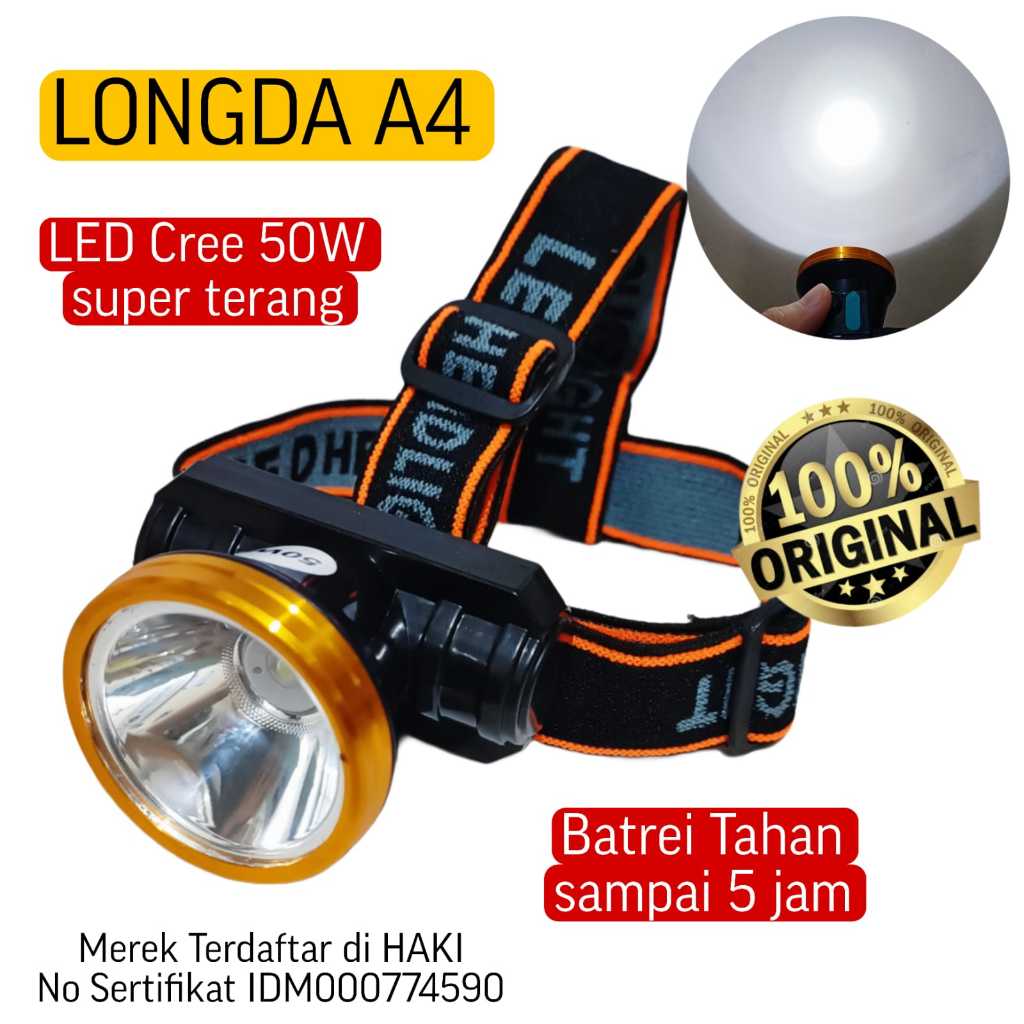 Jual Senter Kepala LONGDA A4 LED CREE 50W Rechargeable Super Terang