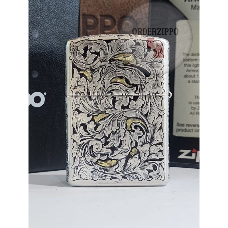 Jual Zippo Original Armor Floral Arabesque Silver Gold 5 Sisi Shopee