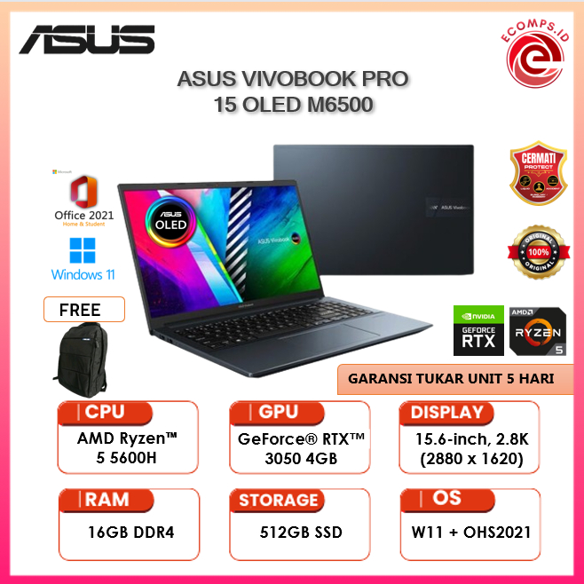 Jual Asus Vivobook Pro 15 Oled M6500QC Ryzen 5 5600H RTX3050 4GB Ram