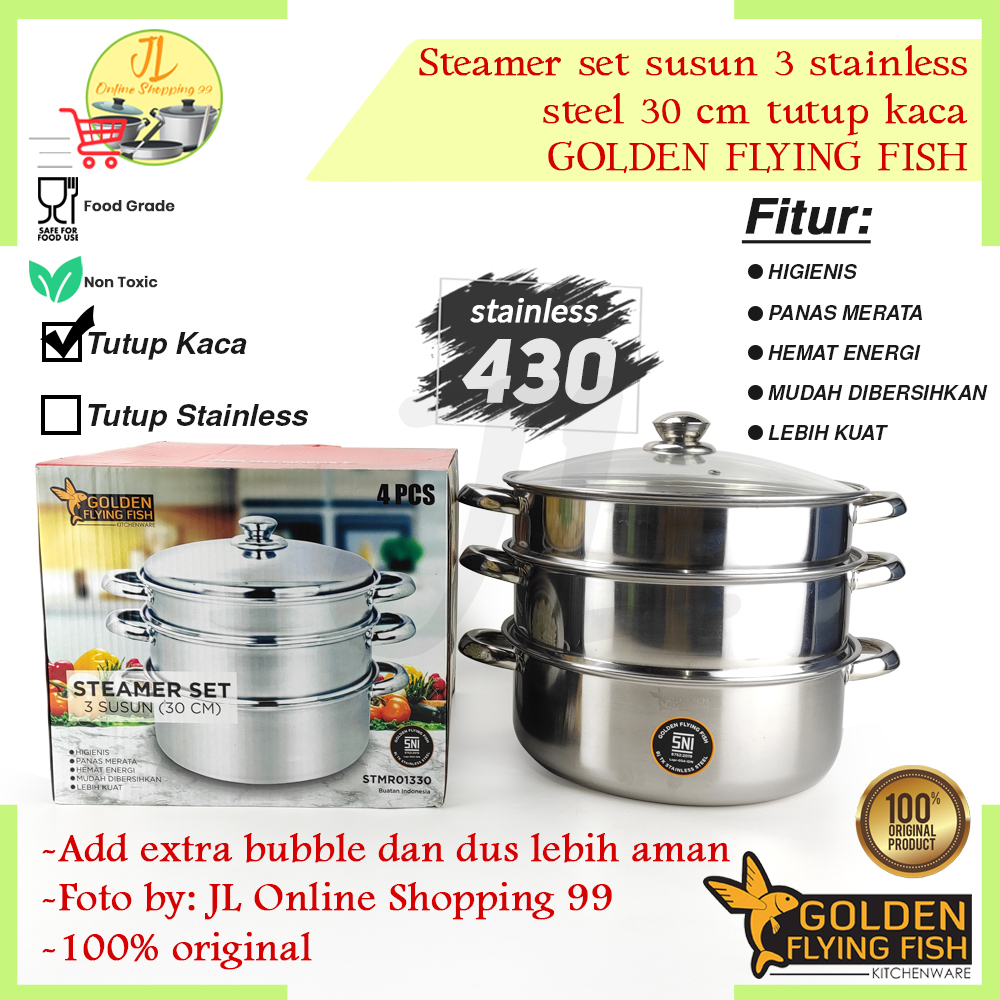 Jual GOLDEN FLYING FISH Steamer Set Stainless 30cm Susun 3 Tutup Kaca