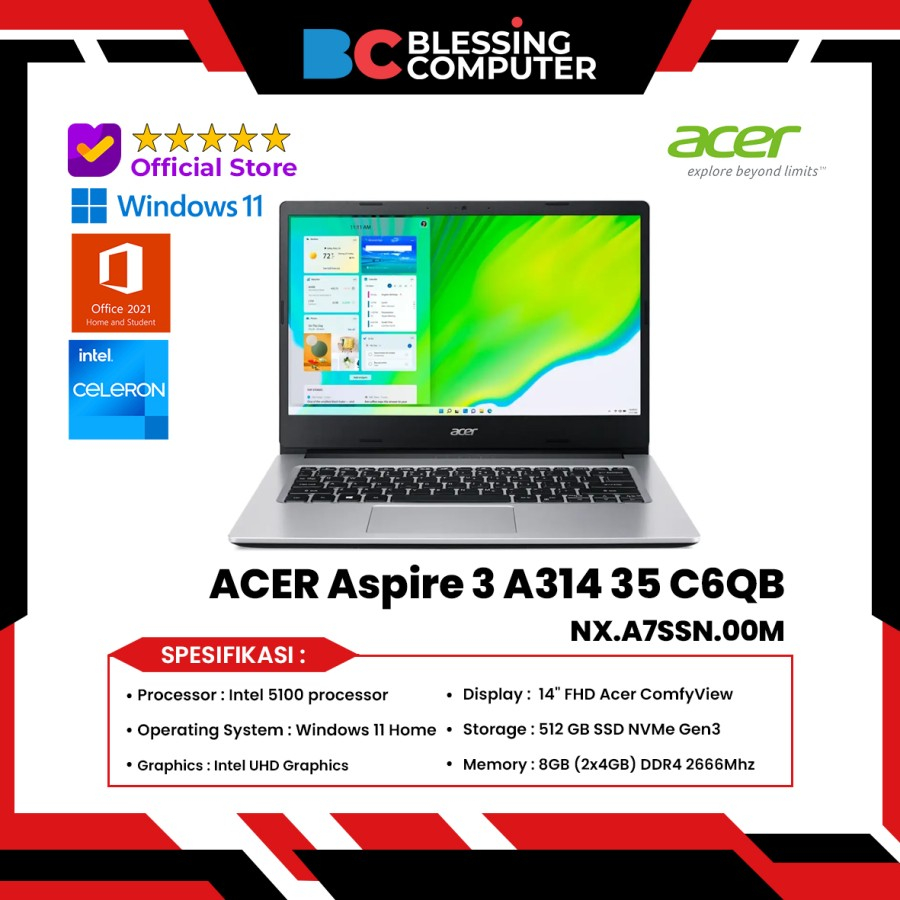 Jual ACER Aspire 3 A314 35 C6QB Celeron N5100 8GB 512GB NX A7SSN 00M