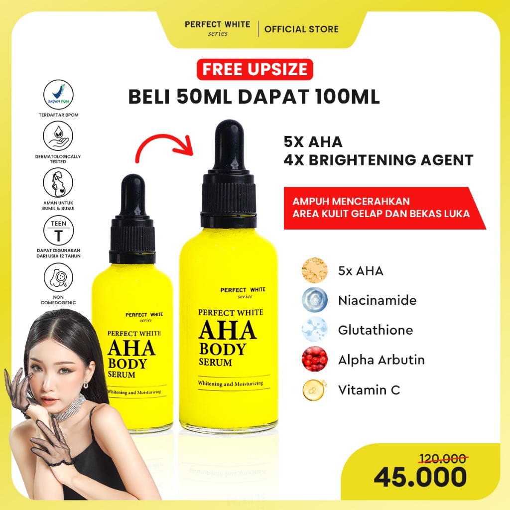 Jual FREE UPSIZE GET 100ml PERFECT WHITE AHA Body Serum Whitening And