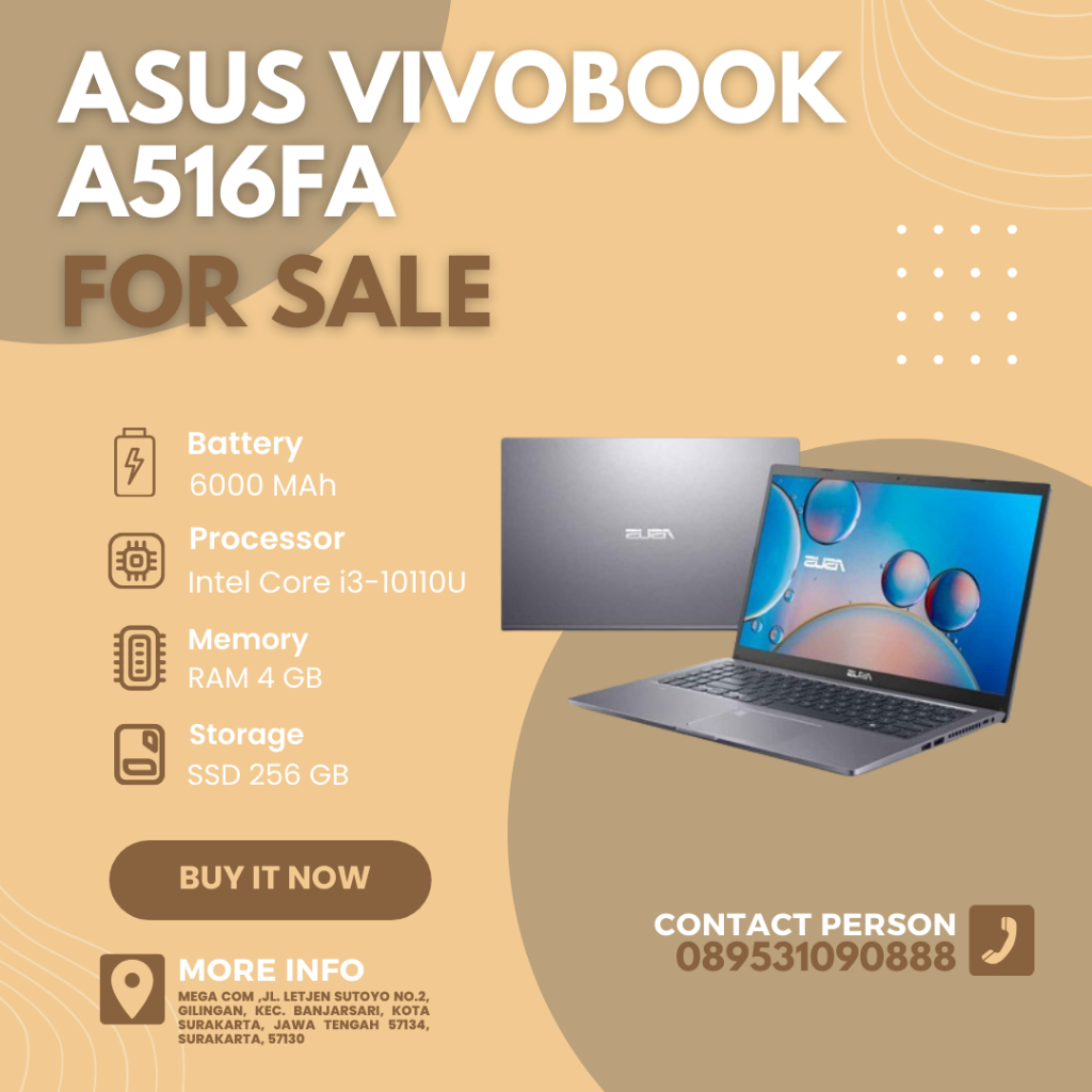 Jual LAPTOP BARU ASUS VIVOBOOK A516FA INTEL CORE I3 GEN 10 RAM 4 GB