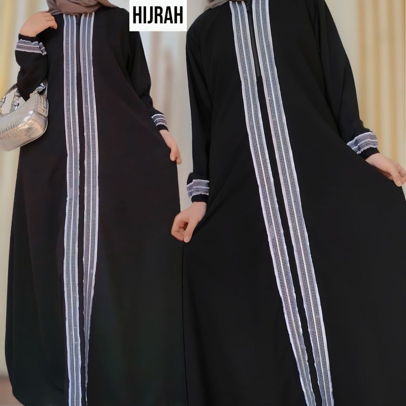 Jual Abaya Hijrah Bordir Garis Bahan Jetblack Ujung Lengan Karet