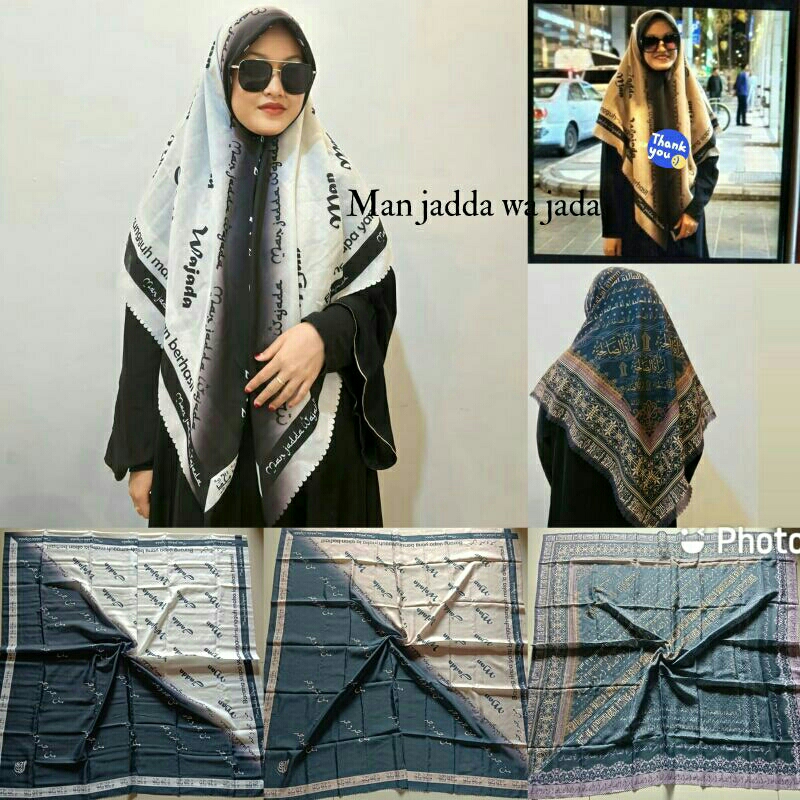 Jual Terbaru Hijab Jilbab Arab Pegon Man Jadda Wajada Segi Empat Motif