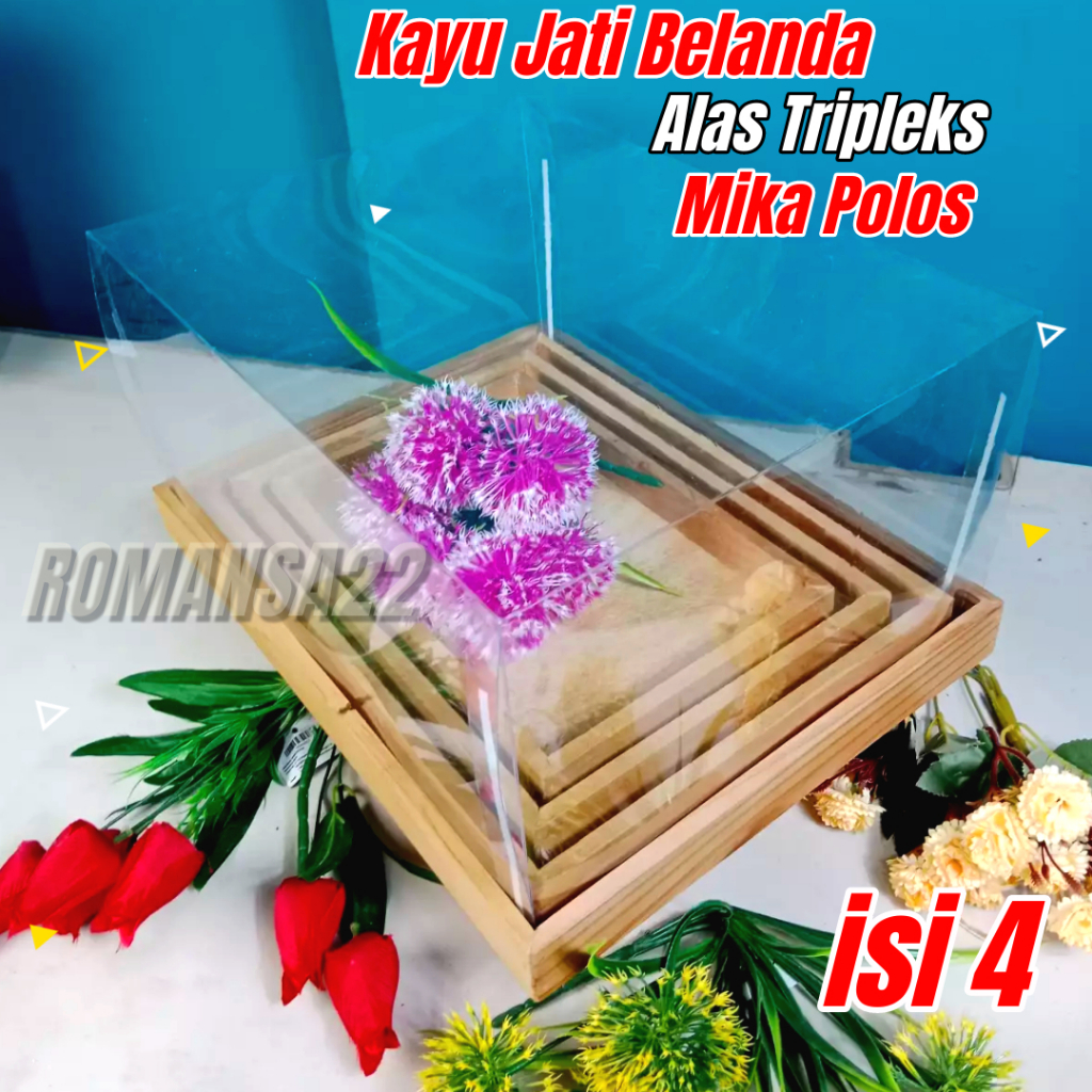 Jual KOTAK HANTARAN SESERAHAN KAYU ISI 4 BOX TUTUP MIKA HIAS WEDDING