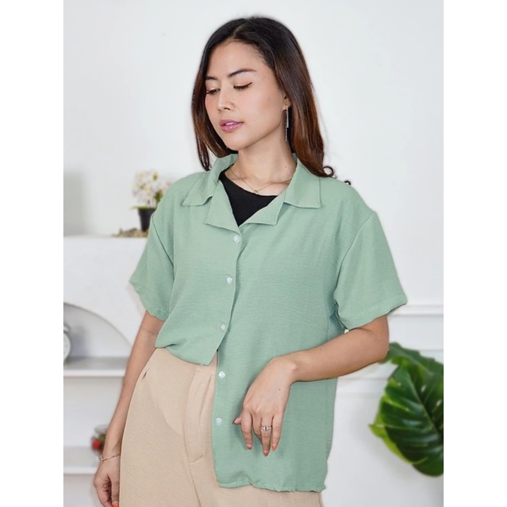 Jual Blouse Kemeja Wanita Lengan Pendek Korean Style Polos Crop Top