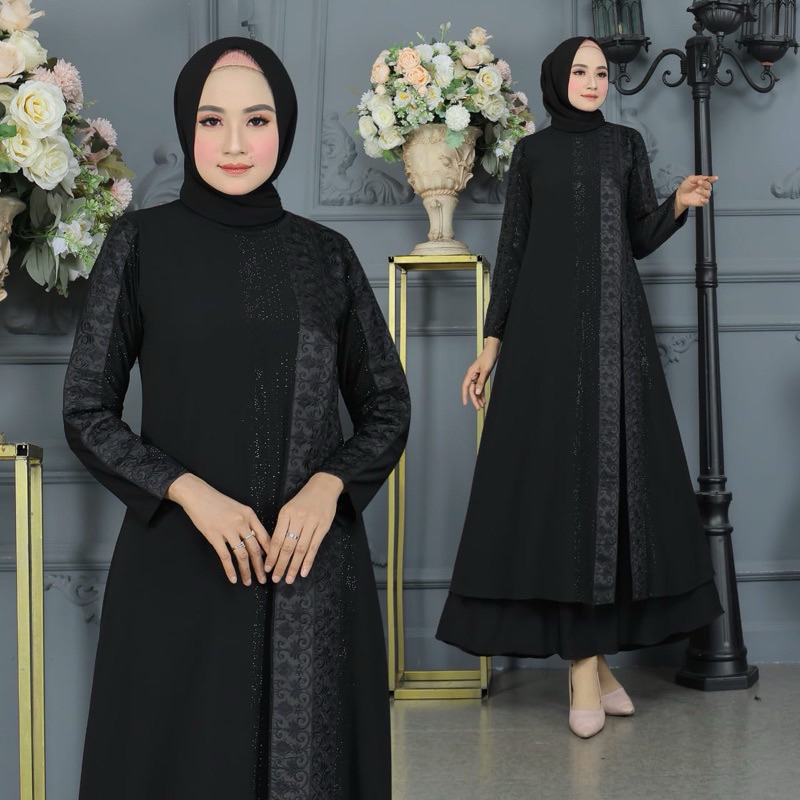 Jual Gamis Abaya Turkey Bordir Belah Samping Full Hitam Mewah Terlaris