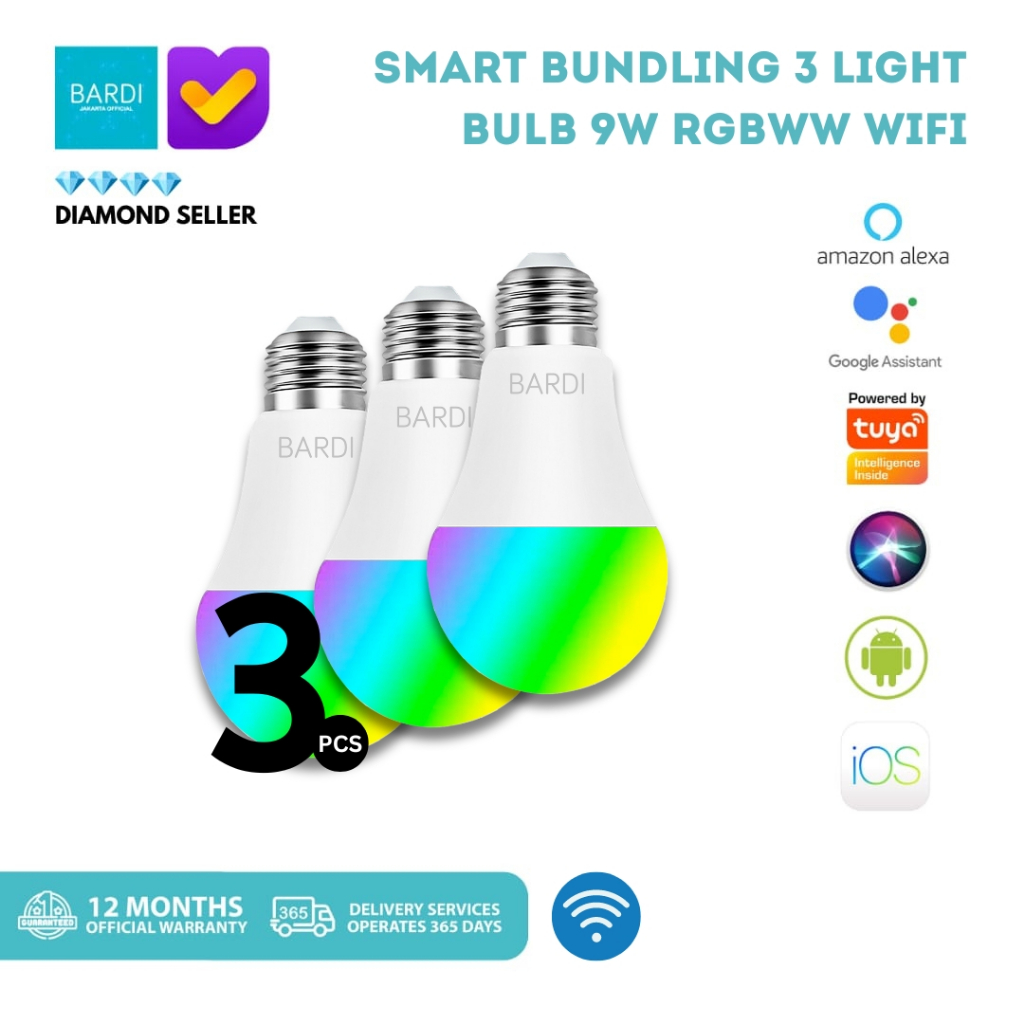 Jual 3 PCS BARDI Smart LED Light Bulb RGB WW 9W Wifi Wireless IoT