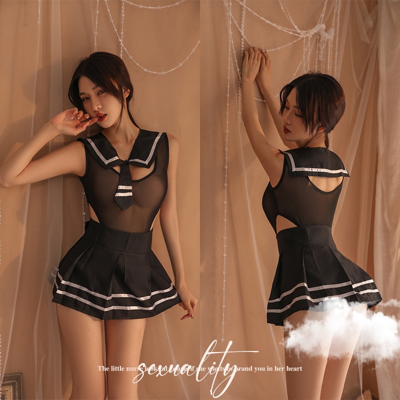 Jual Lingerie Sexy Cosplay Seragam Jumpsuit V Neck Transparan JK Mini