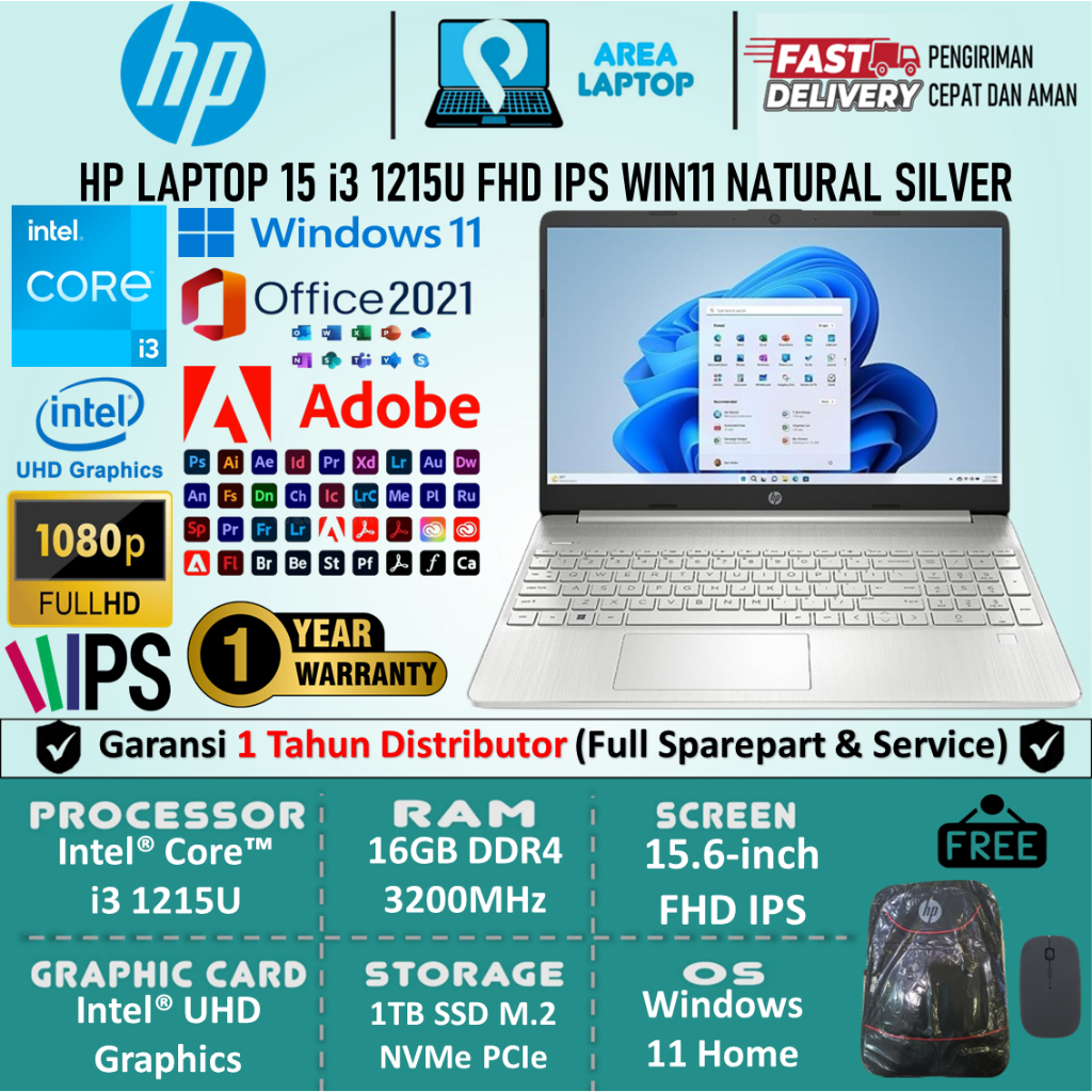 Jual Laptop Murah Pelajar HP 15 Series I3 1215U 16GB 1TB SSD FHD Win11