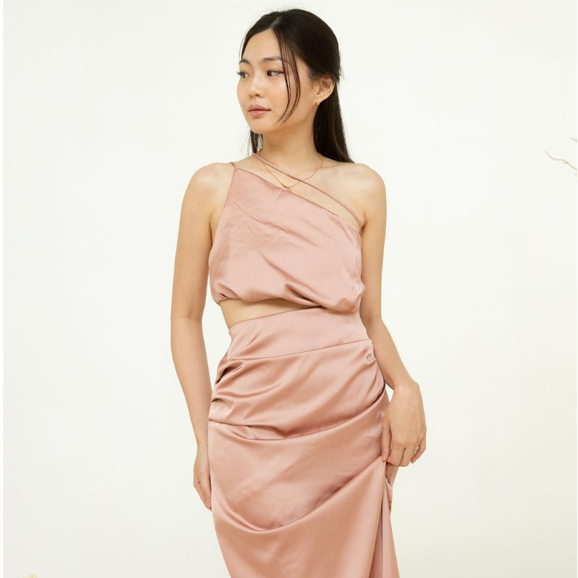 Jual New Edeline Set Satin Dress In Rosegold Prom Night Gown Maxi Dress Kondangan Dress