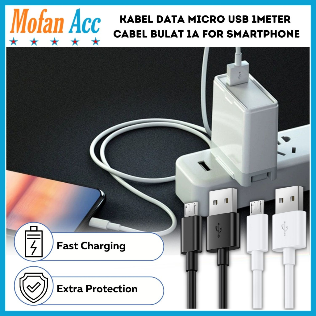 Jual MA Kabel Data Micro USB Putih Panjang 1 Meter Cable Bulat 1m