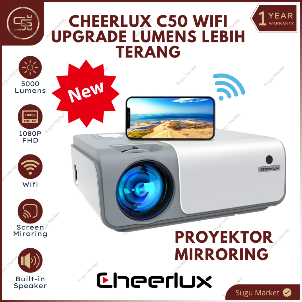 Jual Projector Cheerlux C50 WiFi 5000 Lumens 1080P Bluetooth Screen