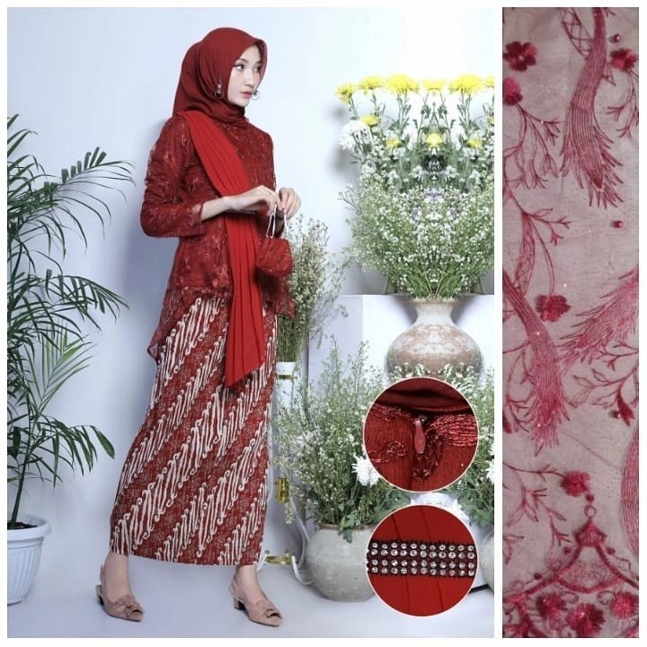 Jual Aurora Selendang Setelan Kebaya Modern Maroon Blouse Amalia