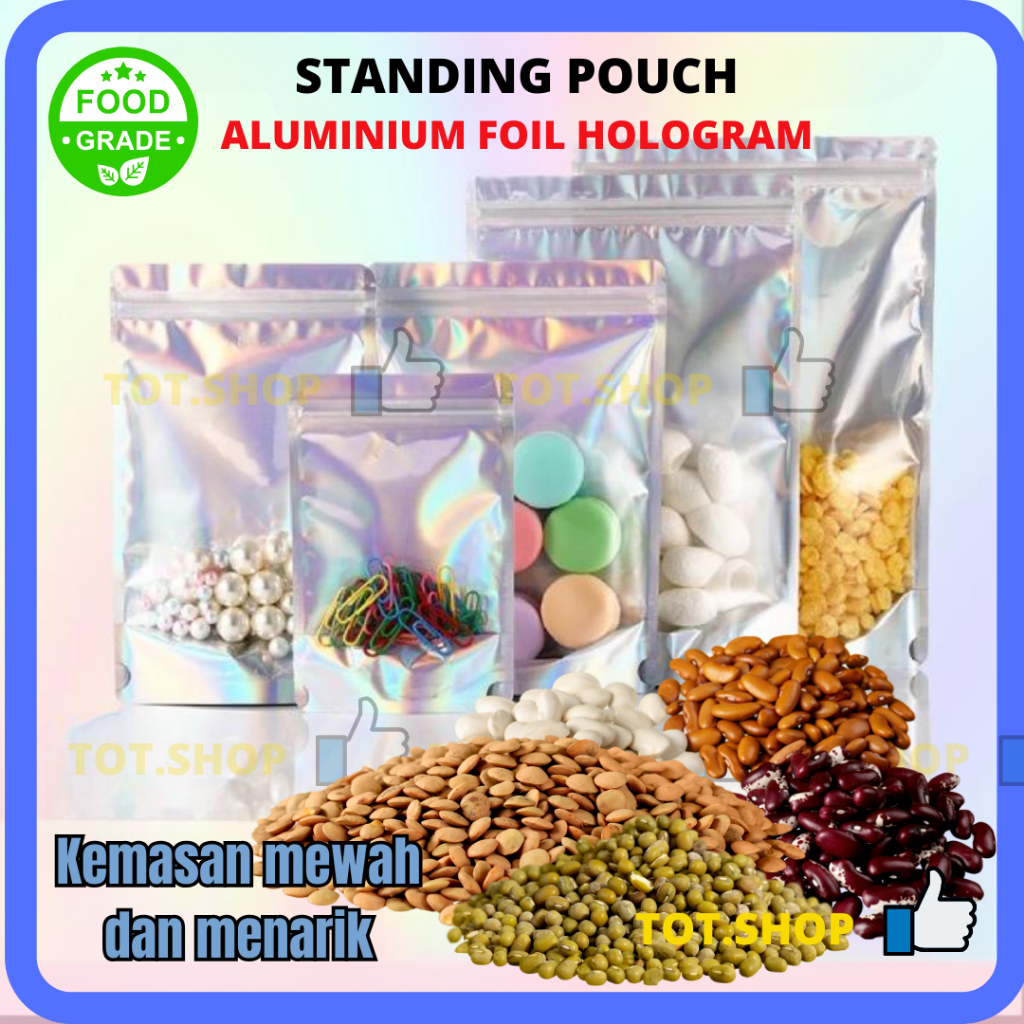 Jual 1 LBR STANDING POUCH HOLOGRAM Kombinasi Transparan Kemasan Pouch