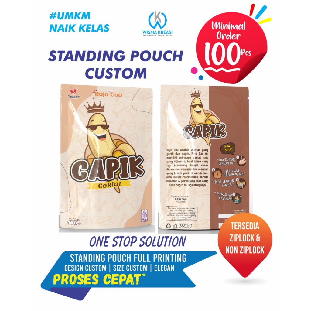 Jual Cetak Kemasan Standing Pouch Full Printing Custom Ukuran X