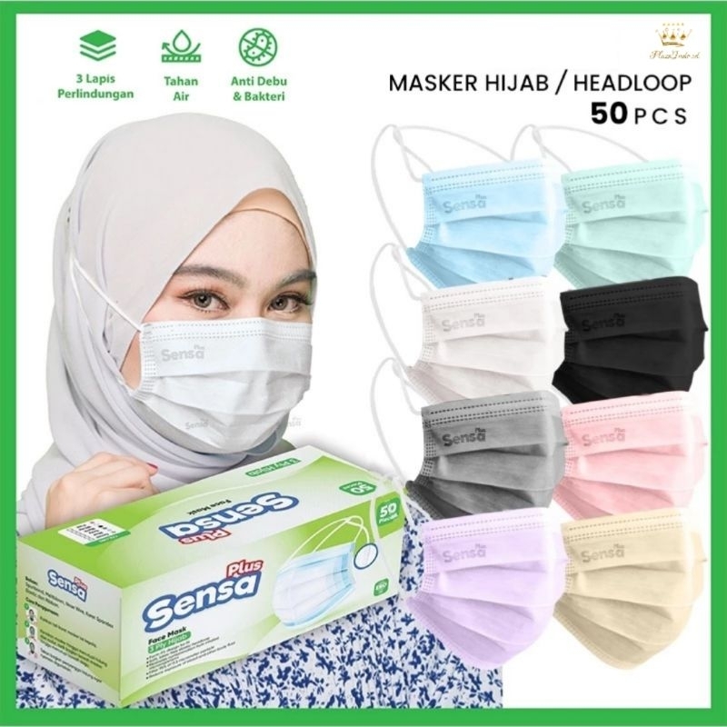 Jual Masker Hijab Sensa Plus Putih Biru Hitam Abu Abu Hijau Tosca 3 Ply