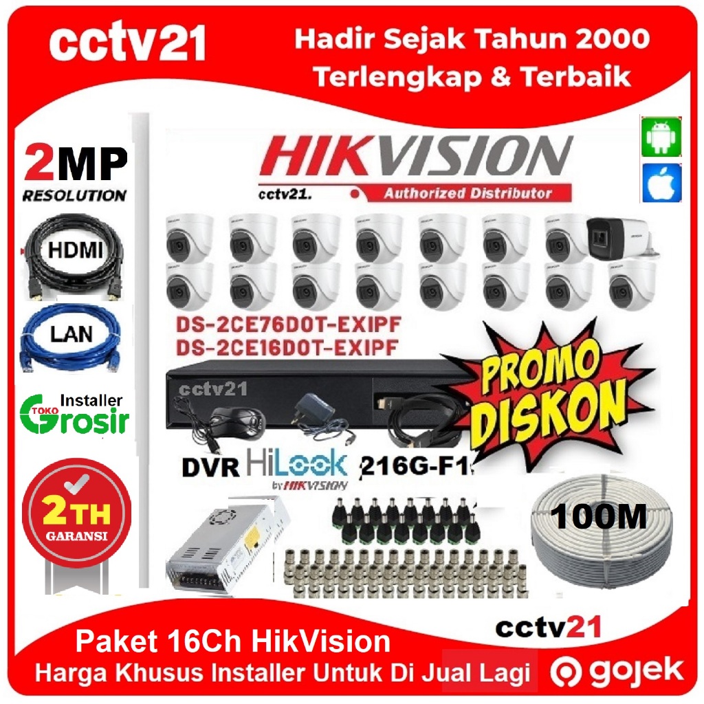 Jual Paket 16 Camera HIKVISION 2MP DVR HILOOK By Hik Vision Kabel 100M