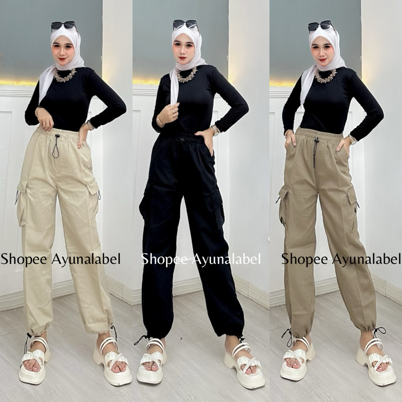 Jual AYUNA Kargo Pants Serut Bawah Model Highwaist Saku Model Serut