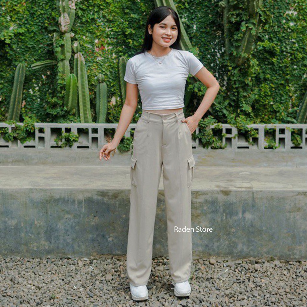 Jual Celana Cargo Wanita Highwaist Loose Cargo Pants Kargo Knit