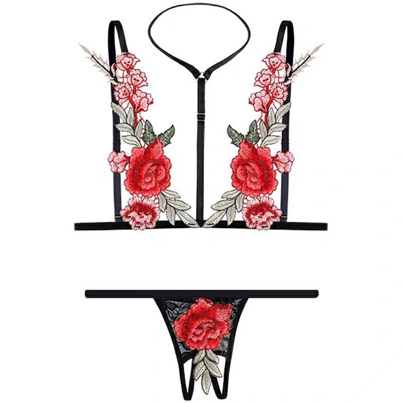 Jual Set Bra G String Wanita Sexy Lingerie Halter Neck Lace Open Thong