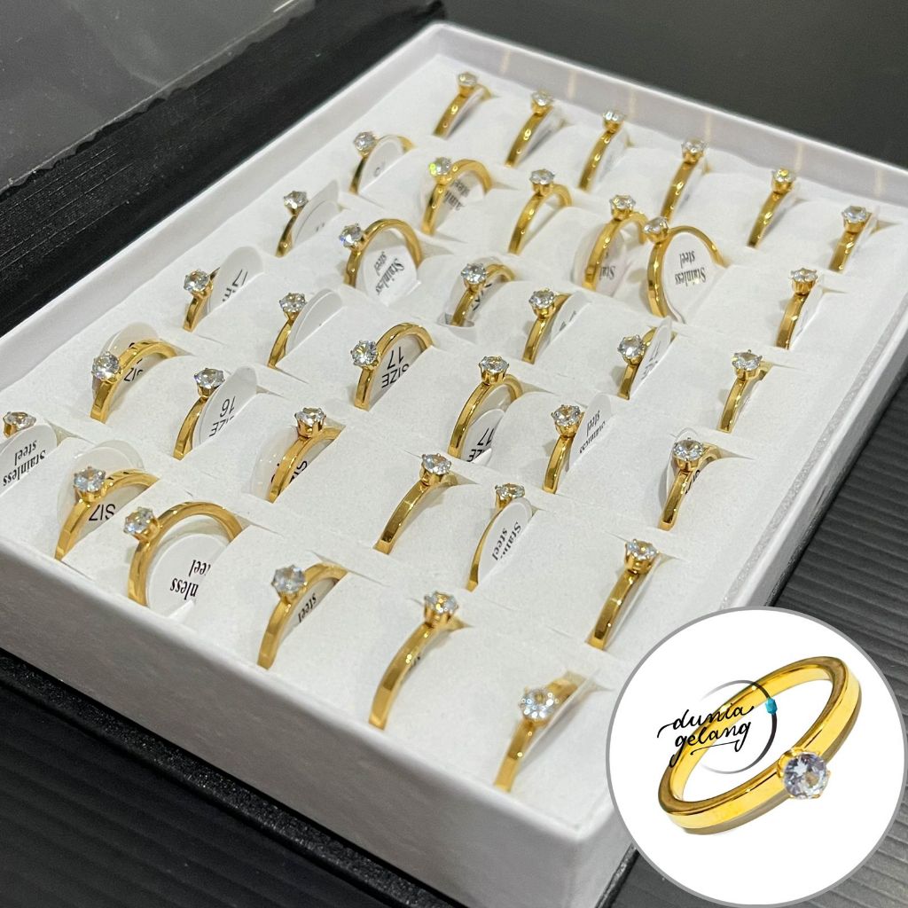 Jual Box Isi Pcs Cincin Titanium Gold Motif Diamond Kecil Cincin