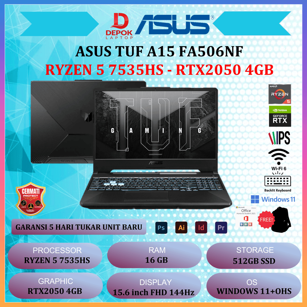 Jual ASUS TUF A15 FA506NF RYZEN 5 7535HS RTX2050 4GB 16GB 512GB W11