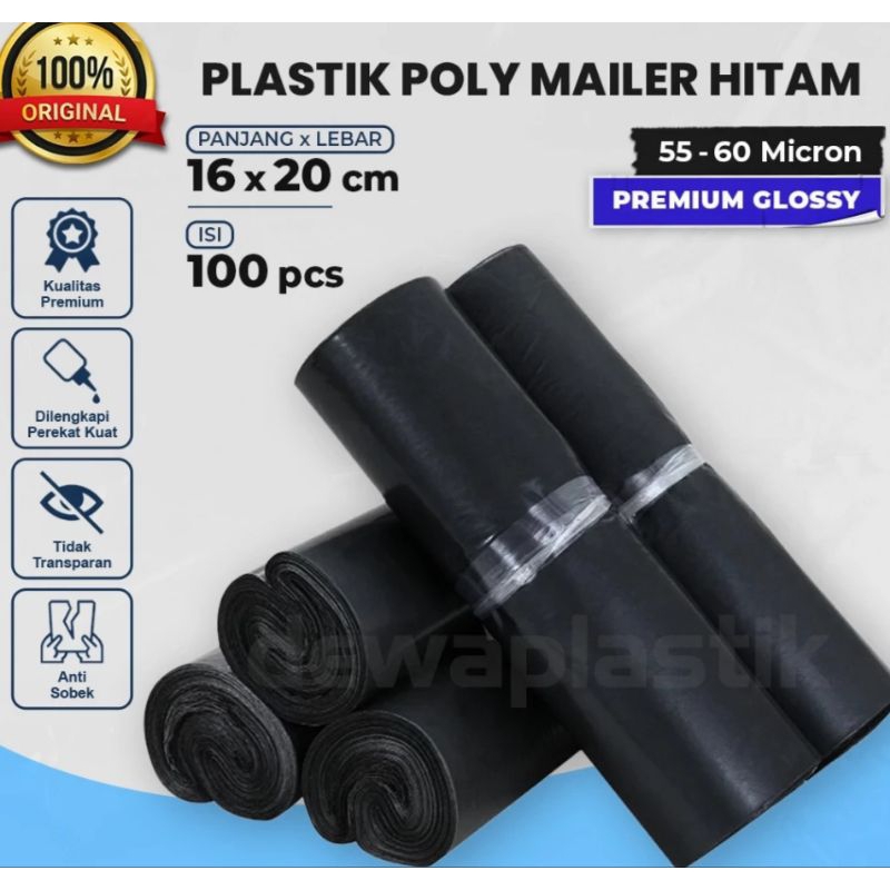 Jual Plastik Packaging Polymailer Hitam Glossy 16x20 Cm Isi 100pcs