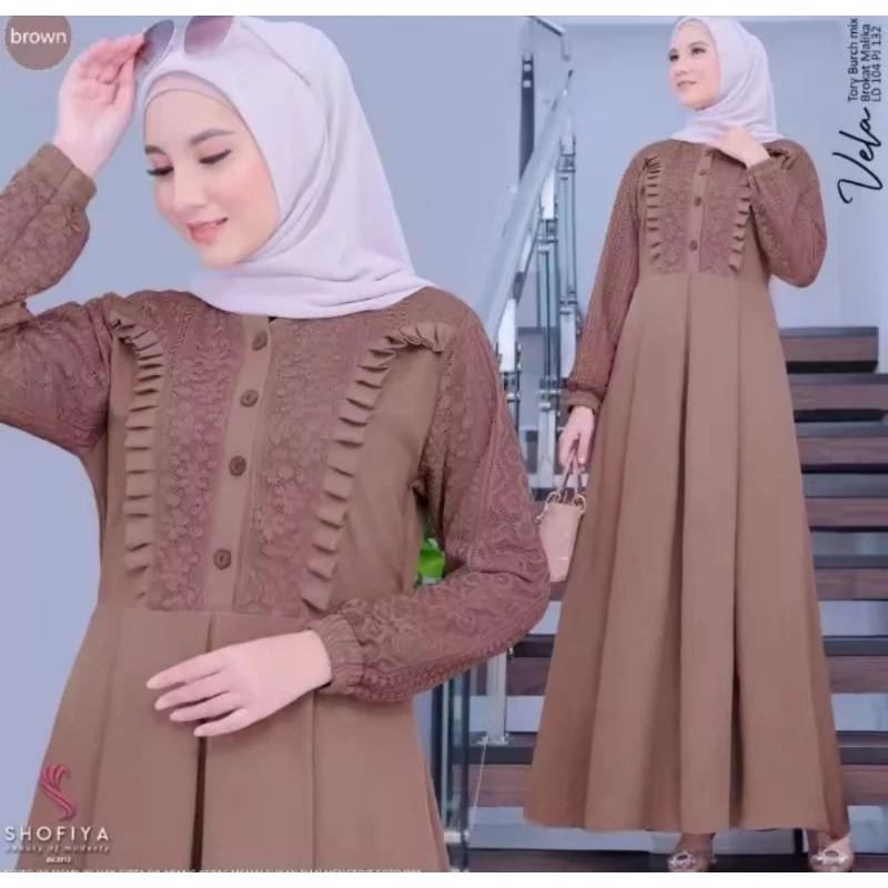 Jual Gamis Vela Crinkle Mix Brokat Kekinian Dress Wanita Terbaru Dress