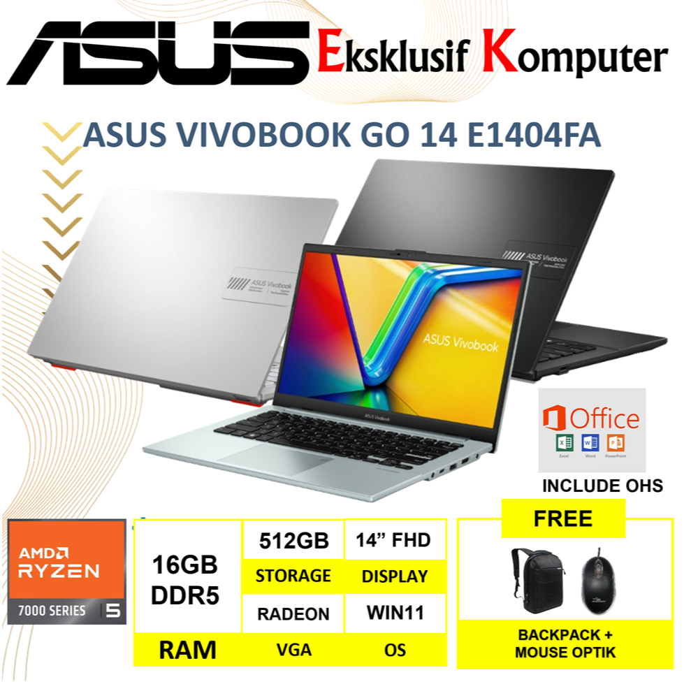 Jual Laptop Asus Vivobook Go 14 E1404FA Ryzen 5 7520U Ram 16GB 512GB