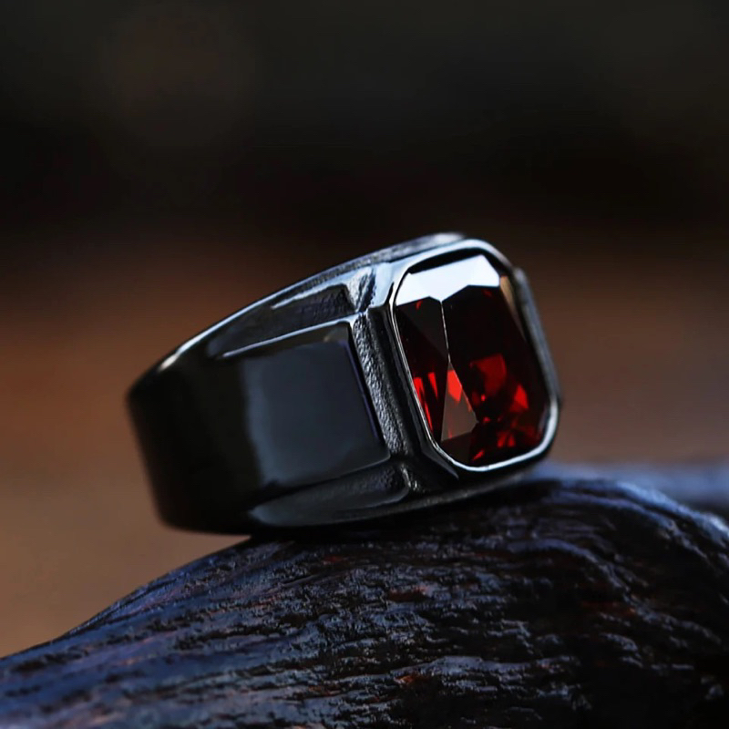 Jual Cincin Pria Black Titanium Batu Red Ruby Merah Dark Kekinian