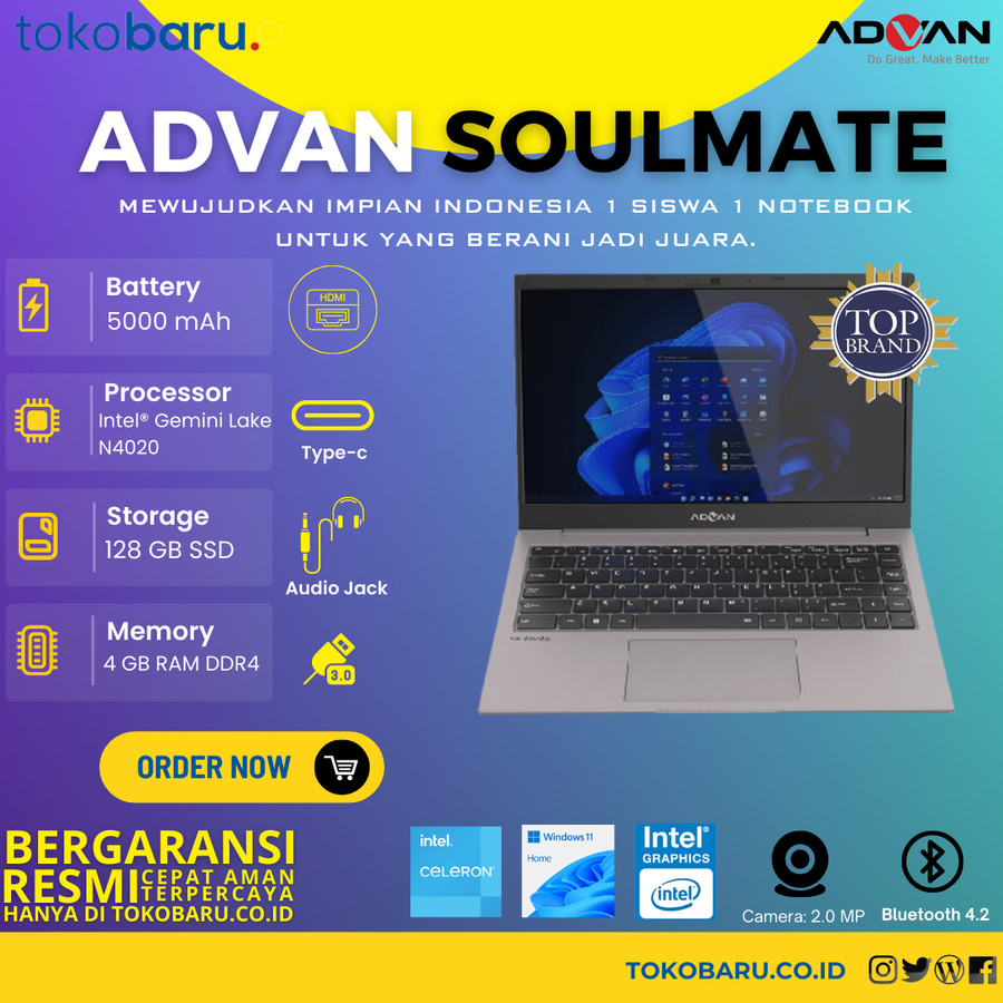 Jual Laptop Advan Soulmate Celeron N Gb Gb Hd Garansi Resmi