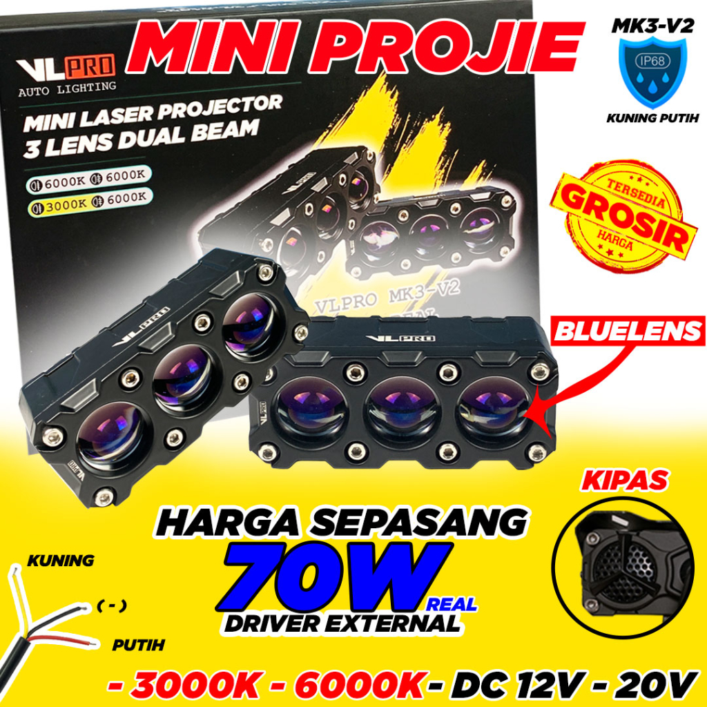 Jual SEPASANG Mini Projie 3 Mata BLUE LENS VLPRO MK3 V2 Bi LED SQL