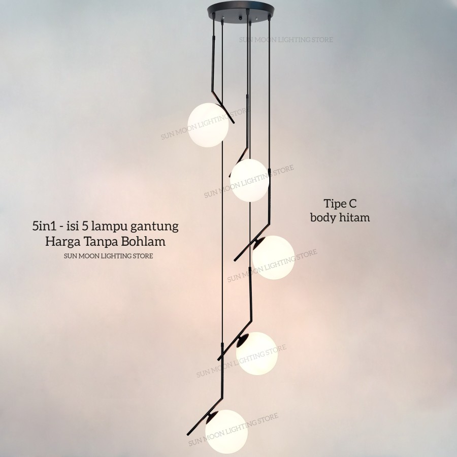 Jual Lampu Gantung Void Tangga 5in1 Gold Hitam Kaca 5lampu Minimalis