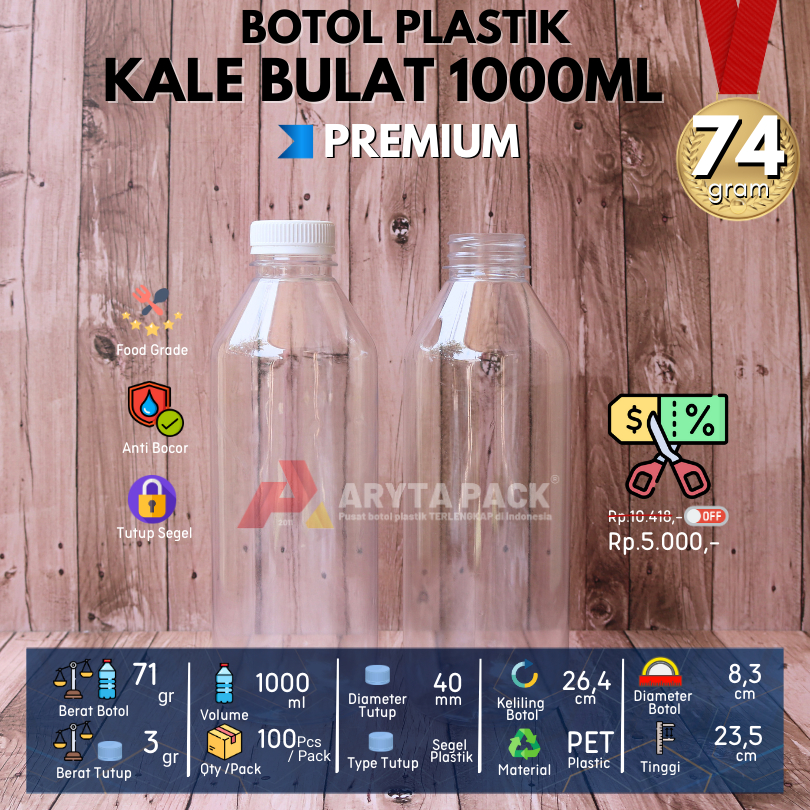 Jual Botol Plastik PET 1liter 1000ml Kale Bulat 72gr Premium Minuman