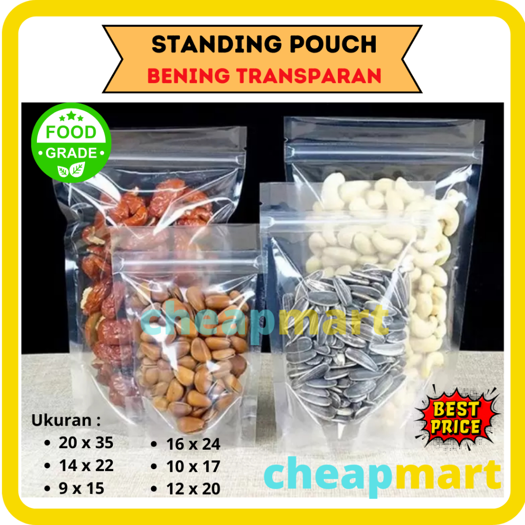 Jual 50 LBR STP Standing Pouch BENING 12x20 Seal Lebar Plastik Klip