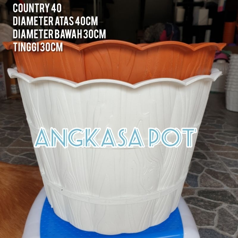 Jual Pot Bunga SHALLOM COUNTRY 40 Pot Putih Besar Motif Gentong Kayu