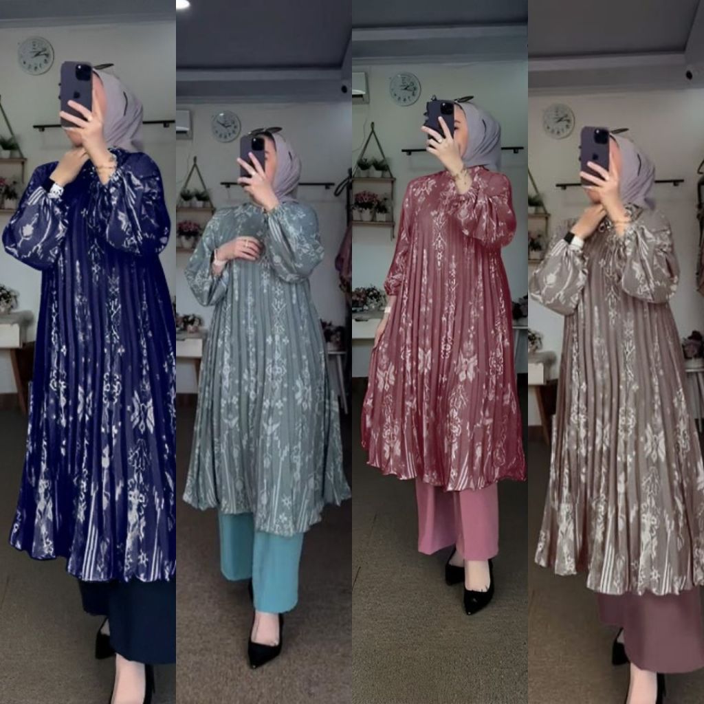 Jual Amel Setelan Humaira Plisket Etnic Oneset Midi Long Tunik Silk