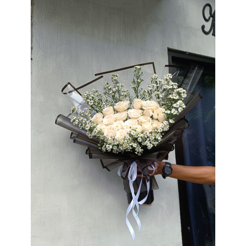 Jual Fresh Flower Bouquet White Rose Buket Bunga Mawar Asli Segar