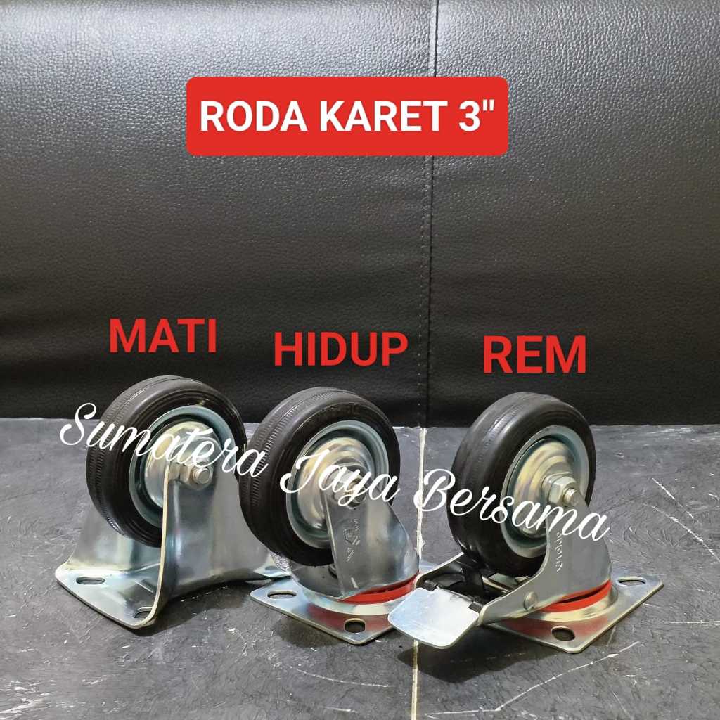 Jual Roda Troli 3 Inch Karet Hitam Mati Hidup Rem Caster Kastor 3